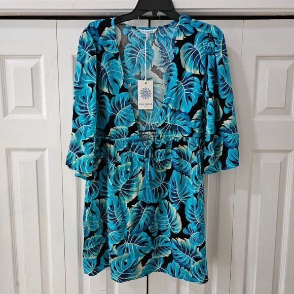 Blue Island Beach Women's Blue & Black Kimono 3/4 Sleeve Front Tie Coverups  S - Picture 11 of 11